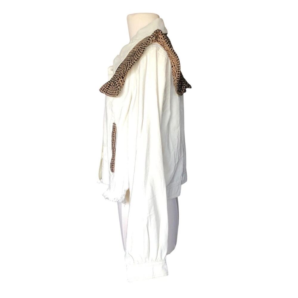 POL White Denim Jacket Ruffle Tweed Collar Frayed Hem Button Front Boutique SM - Picture 7 of 9